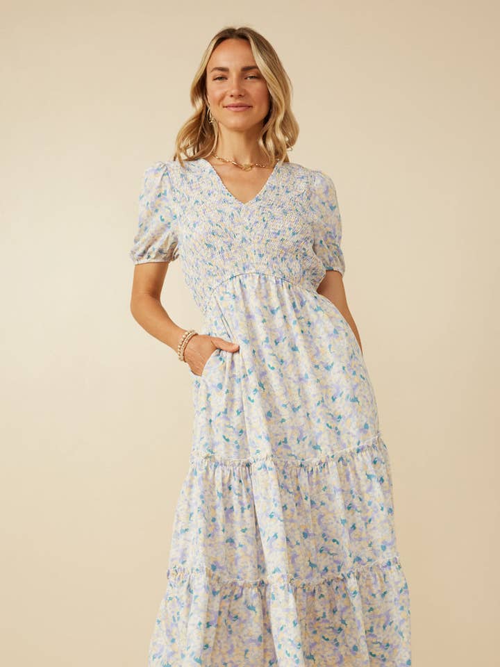 Womens Soft Floral V Neck Smocked Dress for wholesale by Hayden LA