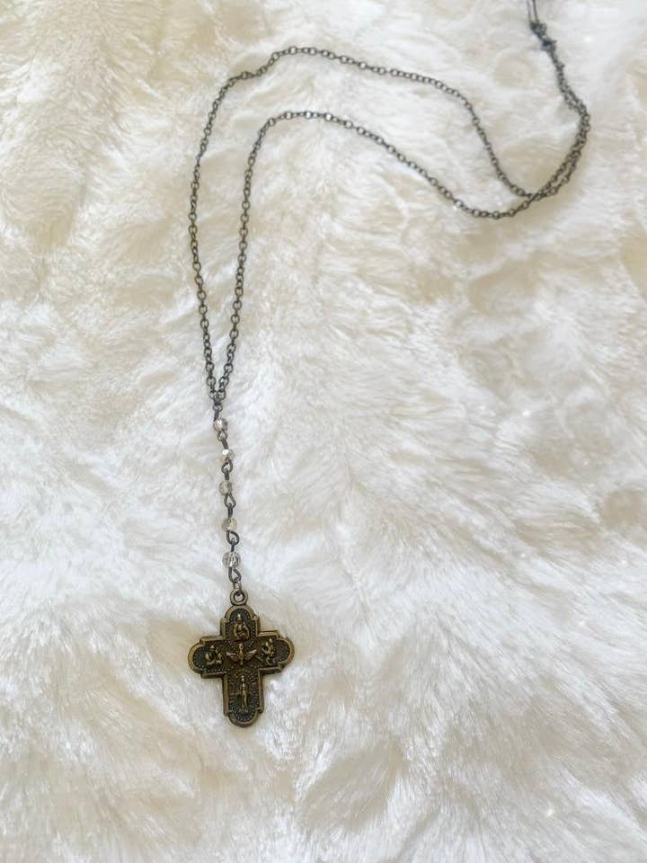Y Bronze Clear Swarovski Rosary Style Necklace for wholesale by Petals Jewelry Designs By Brandi Crain
