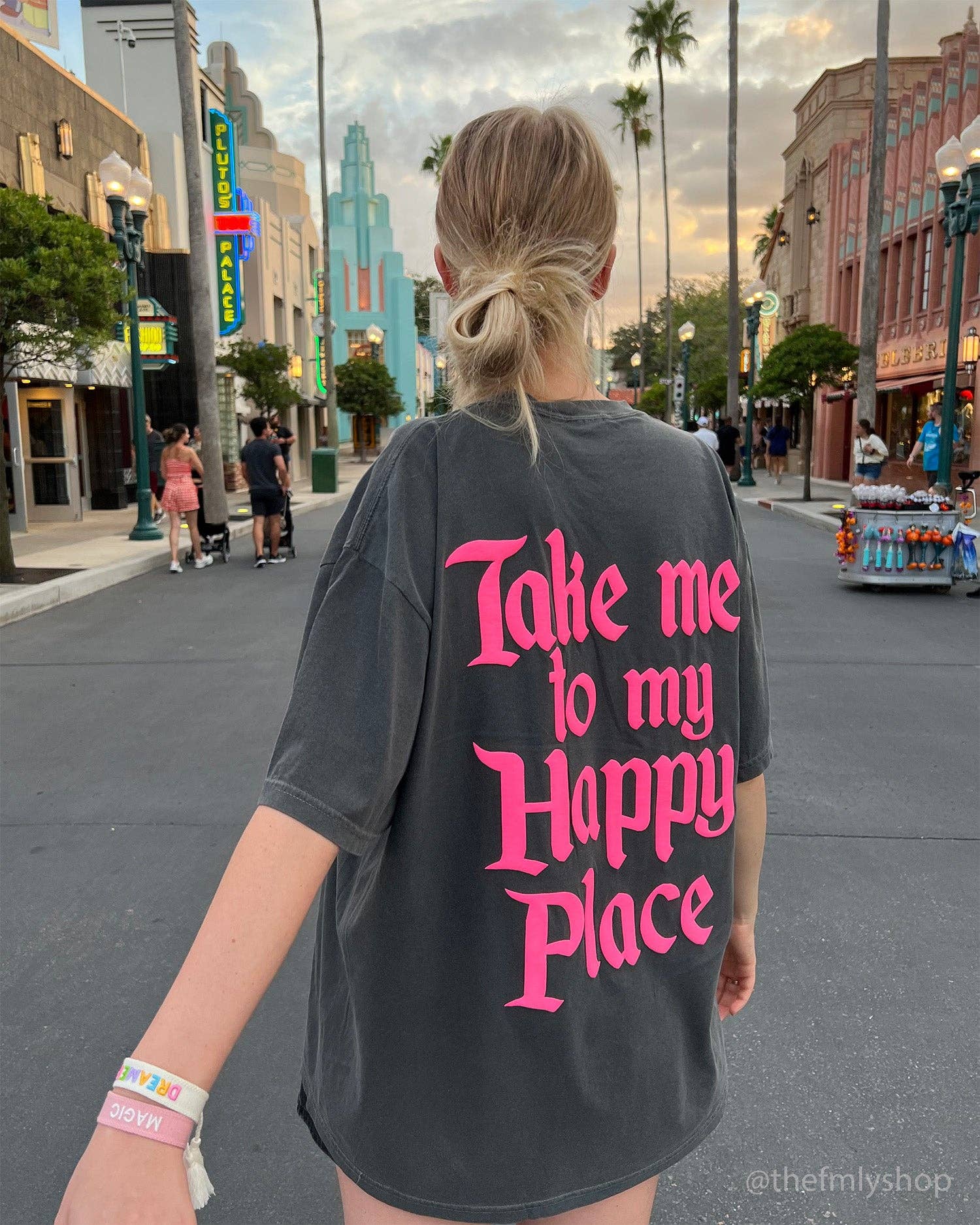 THE FMLY SHOP - Wholesale Screen Printed T-Shirt - Women's - Take me to my Happy Place, Pink Puffed Ink Tee2
