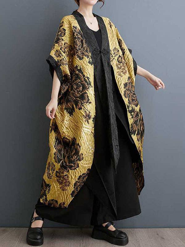 Sheer Trend – Großhandel Kimono – Damen – Oberbekleidung mit Fledermausärmeln, lockere, mit Blumen verzierte chinesische Froschknöpfe, plissierte, geteilte Gelenke, V-Ausschnitt