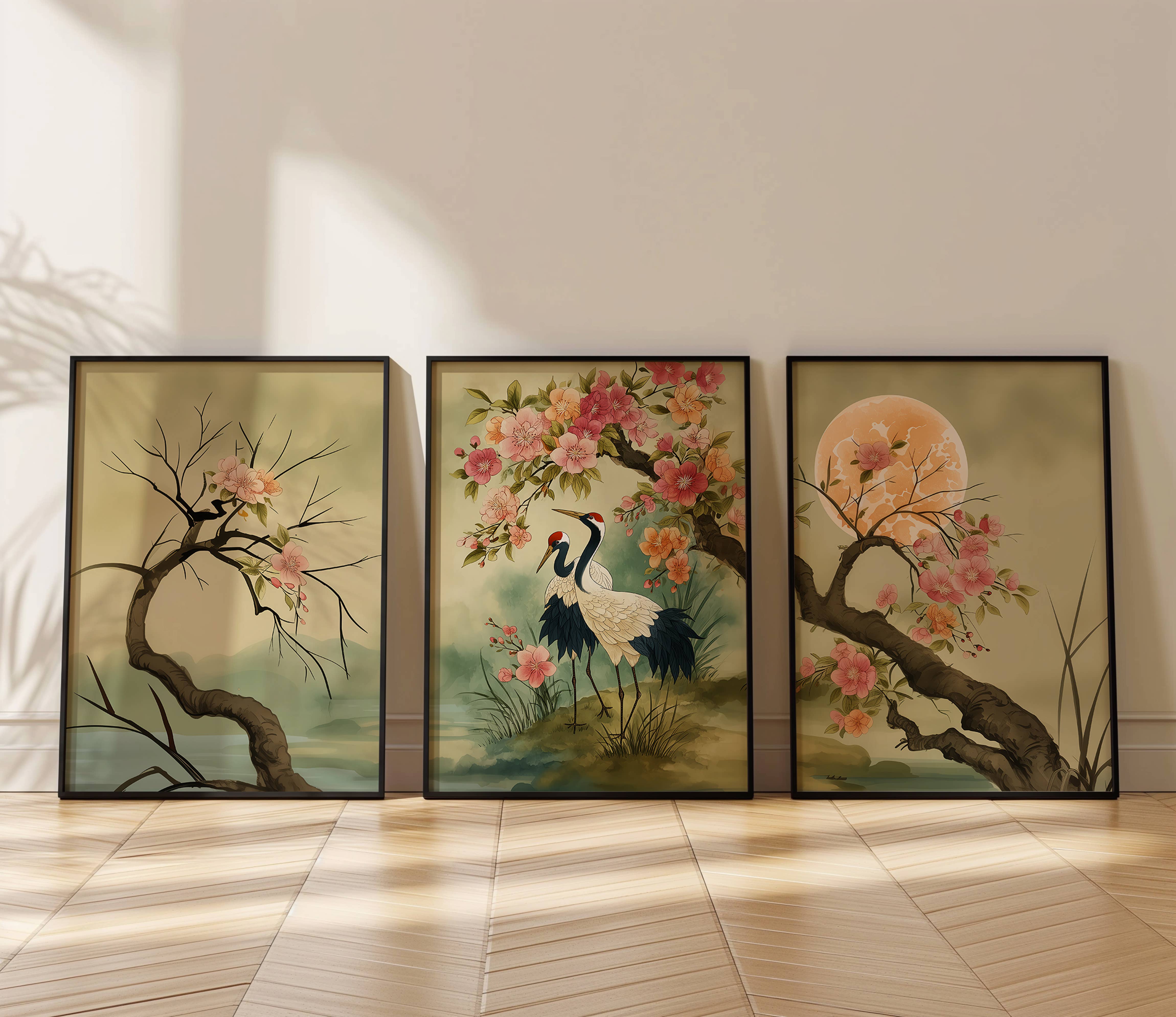 IuliiaArtPrints – wholesale Art print – Red-Crowned Cranes – Japanese Cherry Blossom Triptych Print3