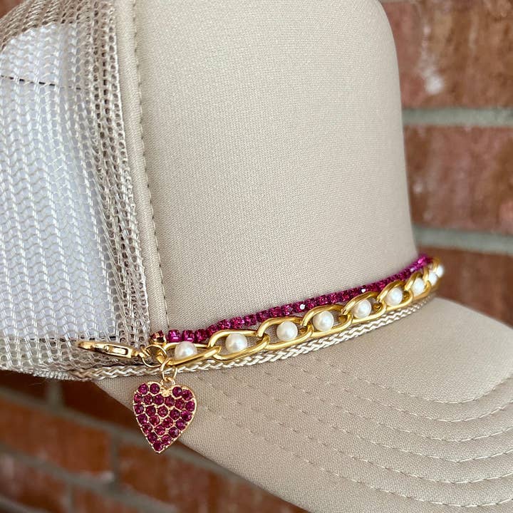 Very Cherry - Wholesale Hat Accessory - Women's - Rhinestone & Pearl Trucker Hat Chain With Heart Charm
