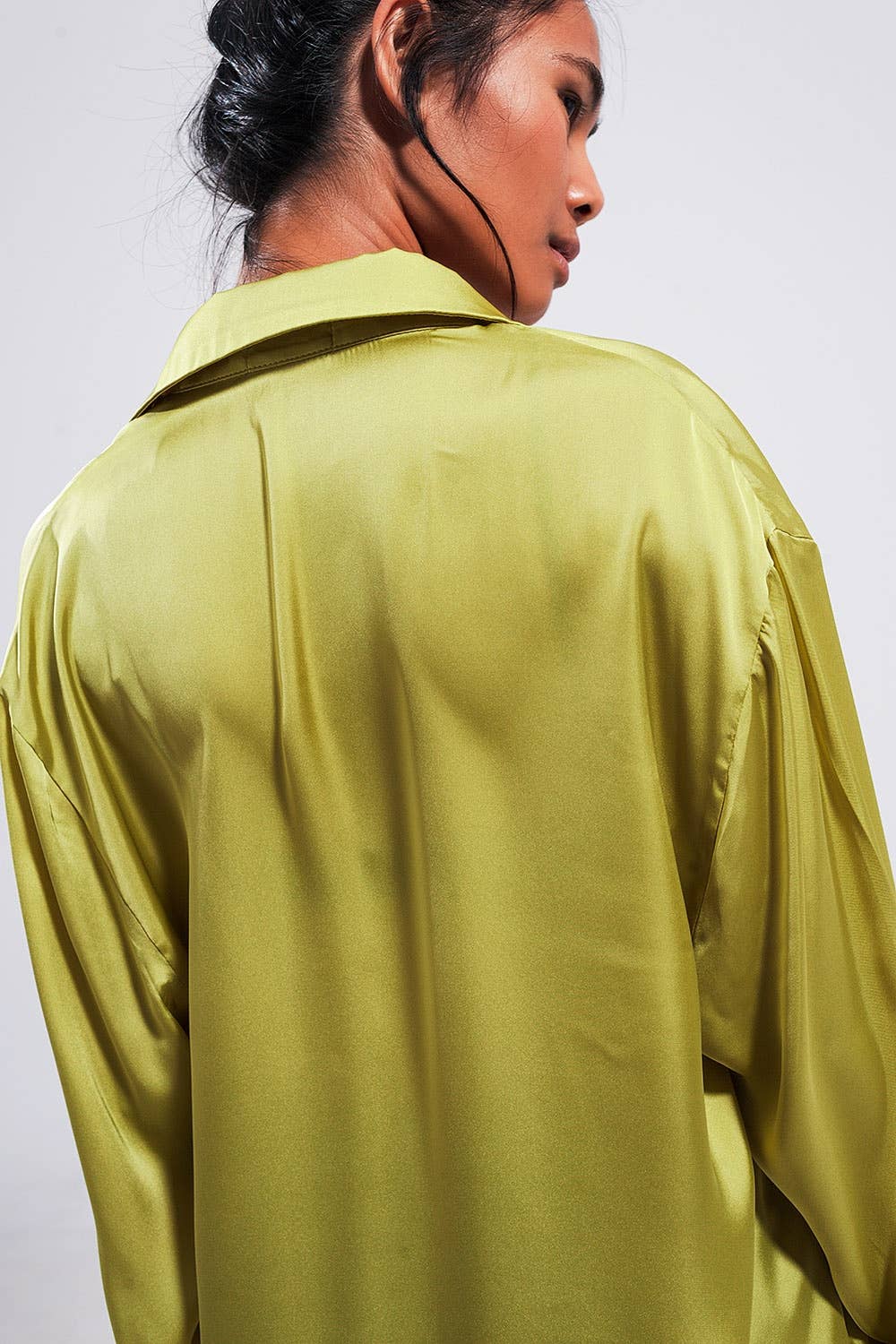 Long sleeve satin button front shirt in green for wholesale on Faire6