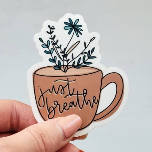 Just Breathe Coffee Cup Sticker for wholesale by Brushful of Joy