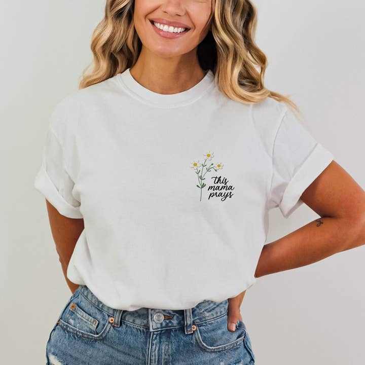 Scripted Pearl - Wholesale T-Shirt - Women's - This Mama Prays Daisy Embroidered Comfort Colors T Shirt10