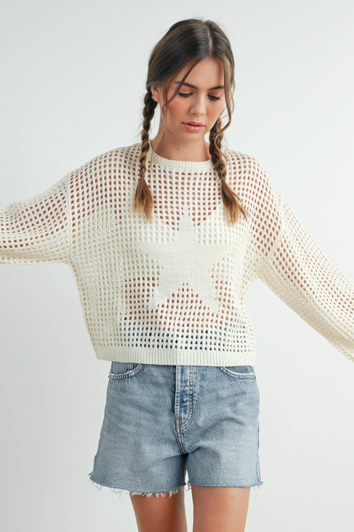 BUTTERMELON - Wholesale Knit Sweater - Women's - Crew Neck Crochet Sweater - BMW763326