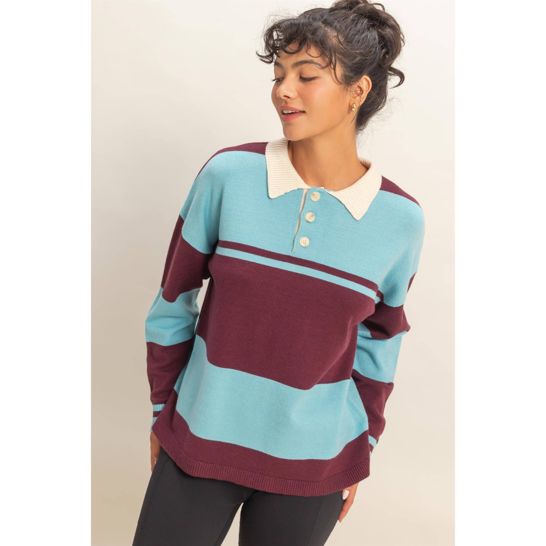 HYFVE - Wholesale Knit Sweater - Women's - Contrasting Striped Sweater With Polo Collar17
