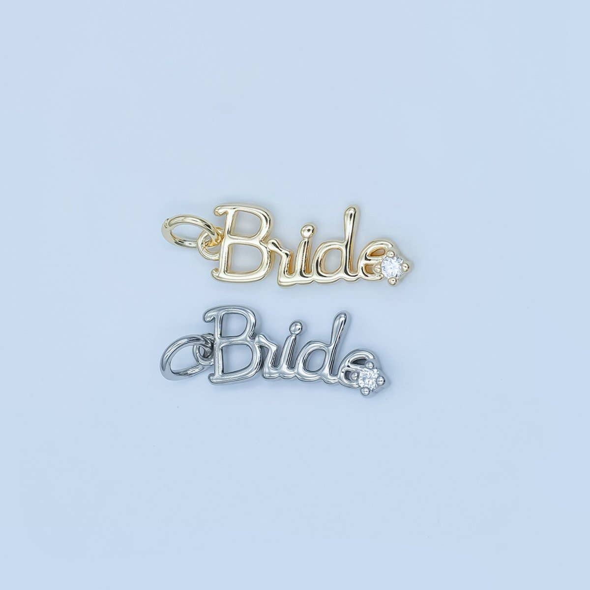 Aim Eternal – wholesale Individual charm/pendant – 24K Gold Filled "Bride" Cursive Script CZ Charm in Gold & Silver | N0919