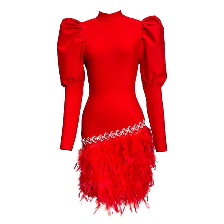 Productseeker - Wholesale Dress - Women's - DR334 Chic Red Feathered Bandage Dress
