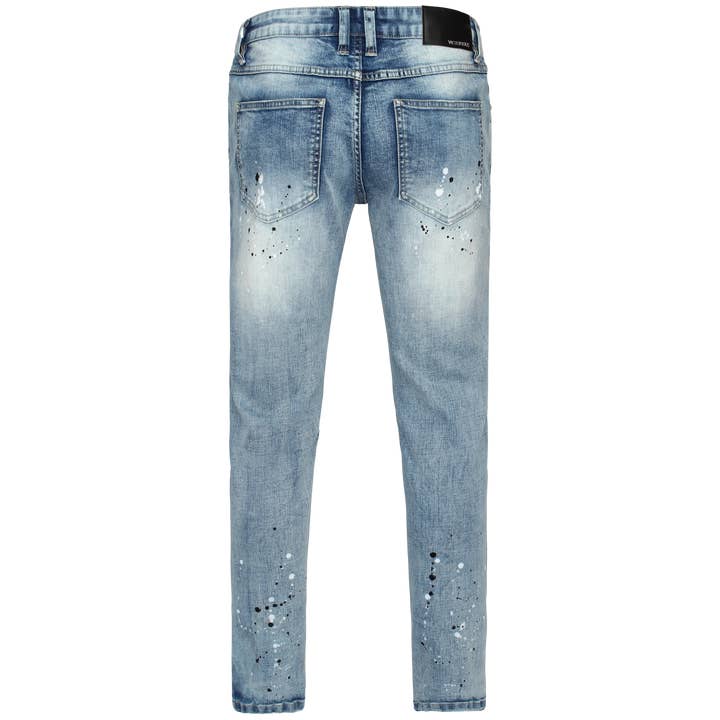 Indigo PAINT SPLATTER RHINESTONE DENIM JEANS for wholesale on Faire