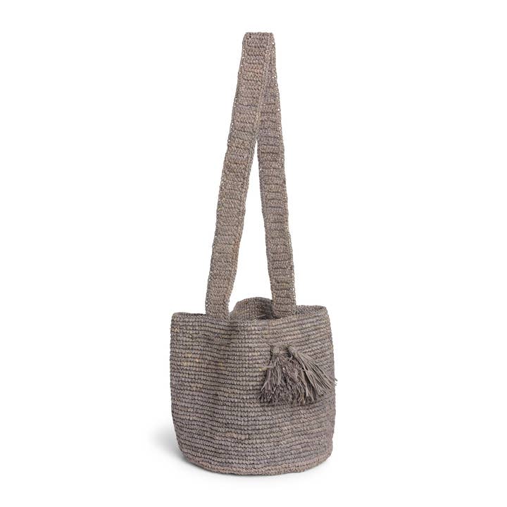 Raffia Cross Body Bucket Basket - Grey for wholesale by Somerville Scarves