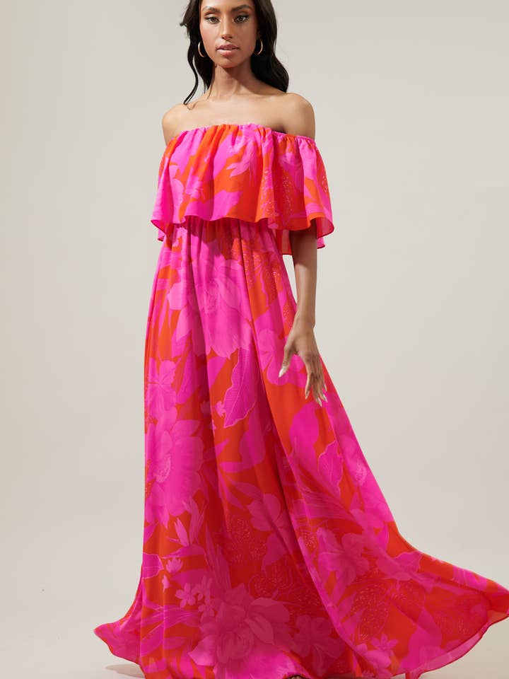 Hana Tropics Enamored Off the Shoulder Ruffle Dress for wholesale by Sugarlips