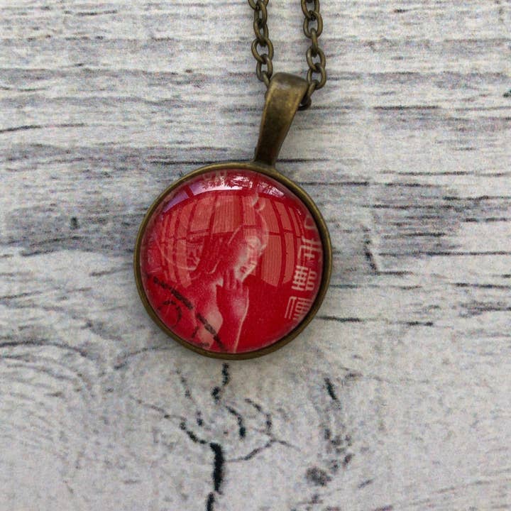 Postage Stamp Jewelry - Wholesale Pendant/Charm Necklace - 1967 Red Nyoirin Kannon Chūgū-ji Temple, Nara Japan Stamp - Postage Stamp Jewelry - Vintage Postage Stamp Necklace - Antique Bronze2