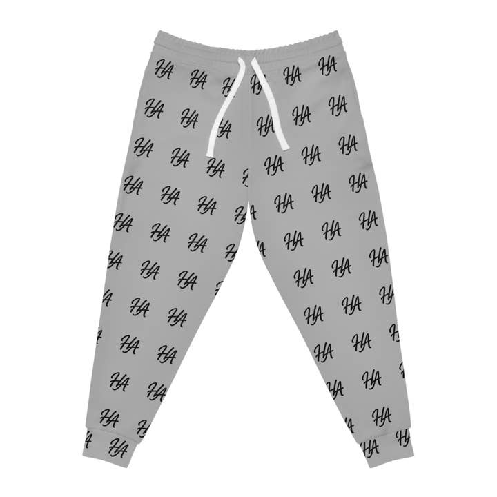 Light Grey Fleece Joggers — All-Over Script 'HA' Monogram Sweatpants for wholesale by Henry Athletics