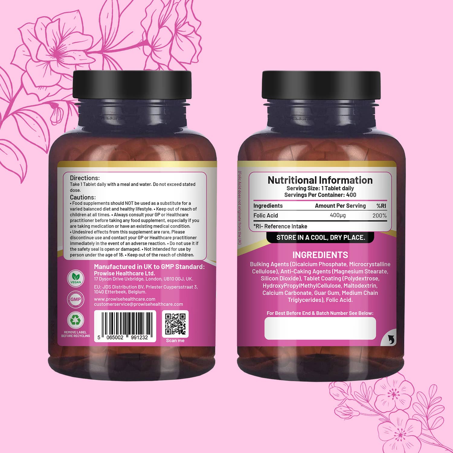 Prowise Healthcare - Wholesale Oral Supplement/Vitamin - Folic Acid Tablets 400 mcg - 400 Vegan Vitamin B9 Tablets 1