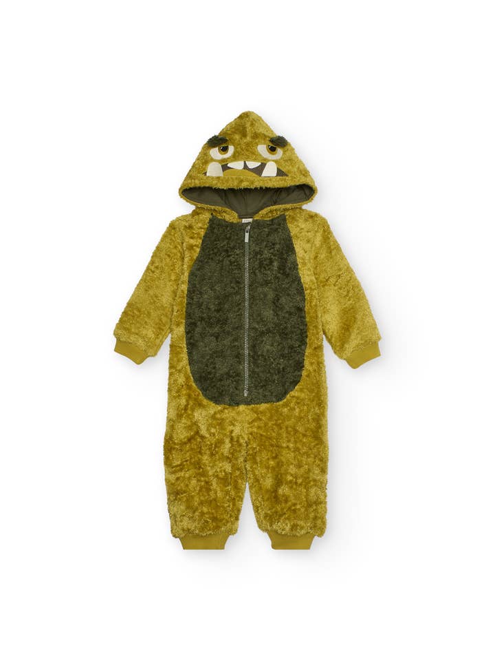 Grenouillère pour enfant en molleton moutarde avec capuche de monstre. pour la vente par tuc tuc