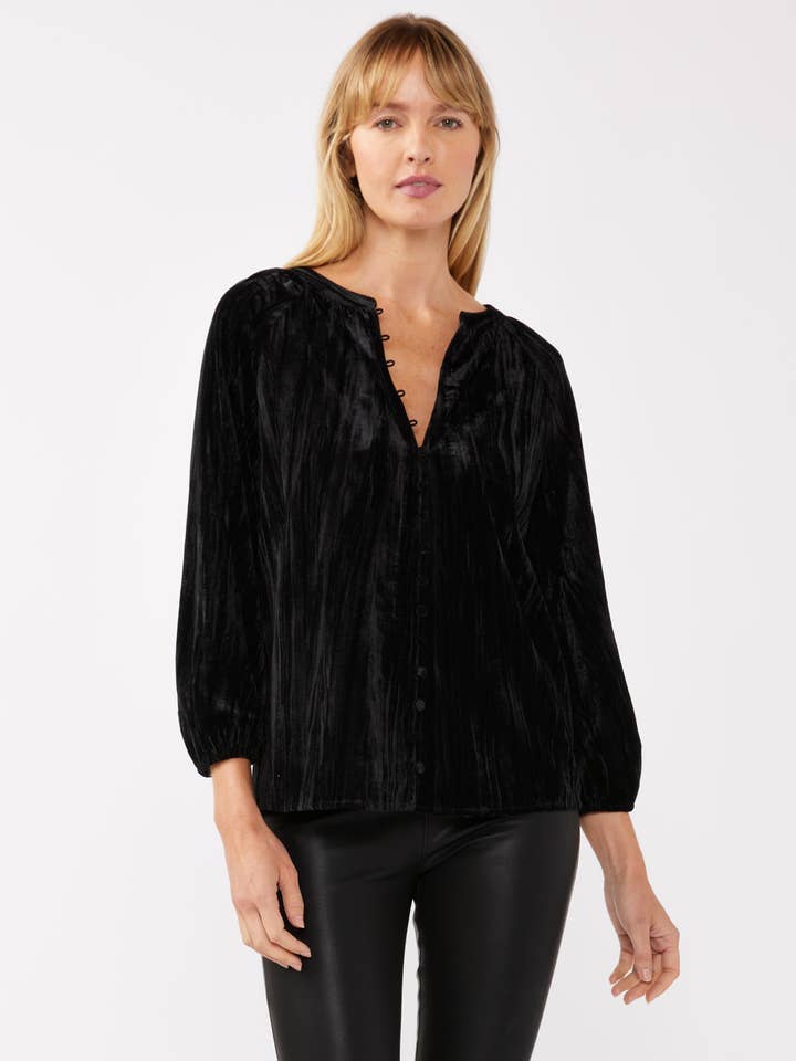 Velvet Button Front V Neck Blouse for wholesale by Lovestitch