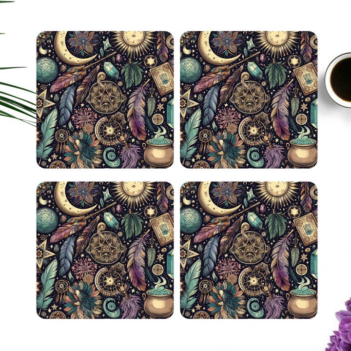 Beautifully Printed Boho Witchy Wooden Coasters for Stylish Home Décor for wholesale by simply creative