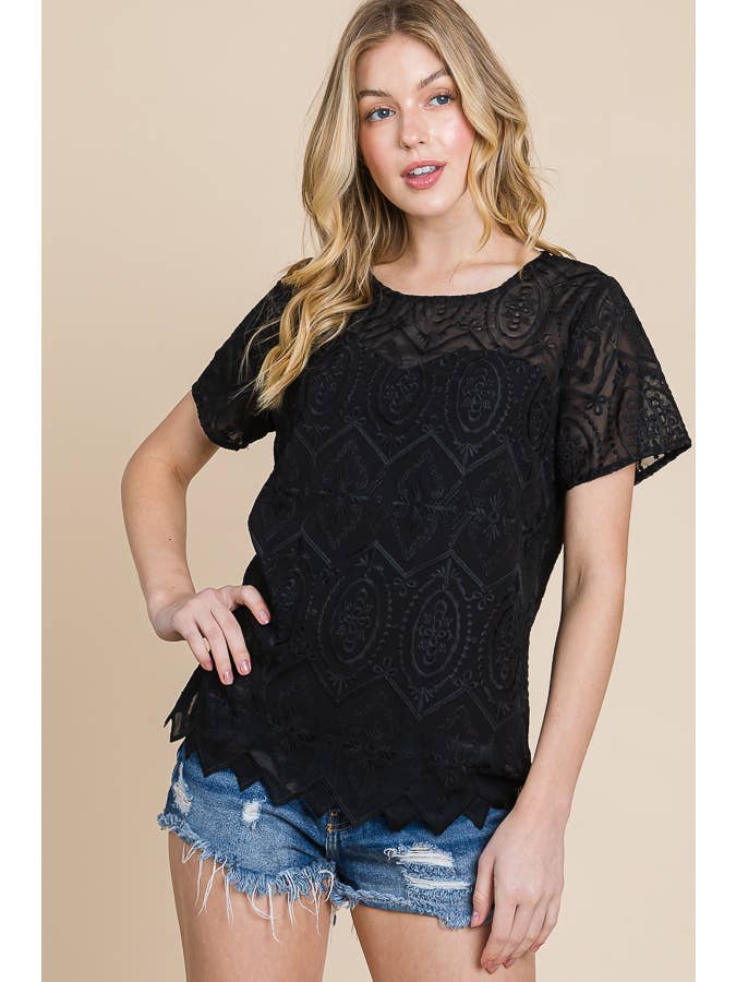 BLACK Round Neck Short Sleeve Zig Zag Edge Lace Top with Lining for wholesale on Faire