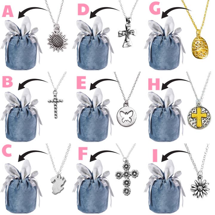 Easter Pendant Necklace in Velvet Bunny Jewelry Bag for wholesale by Broken Record Boutique