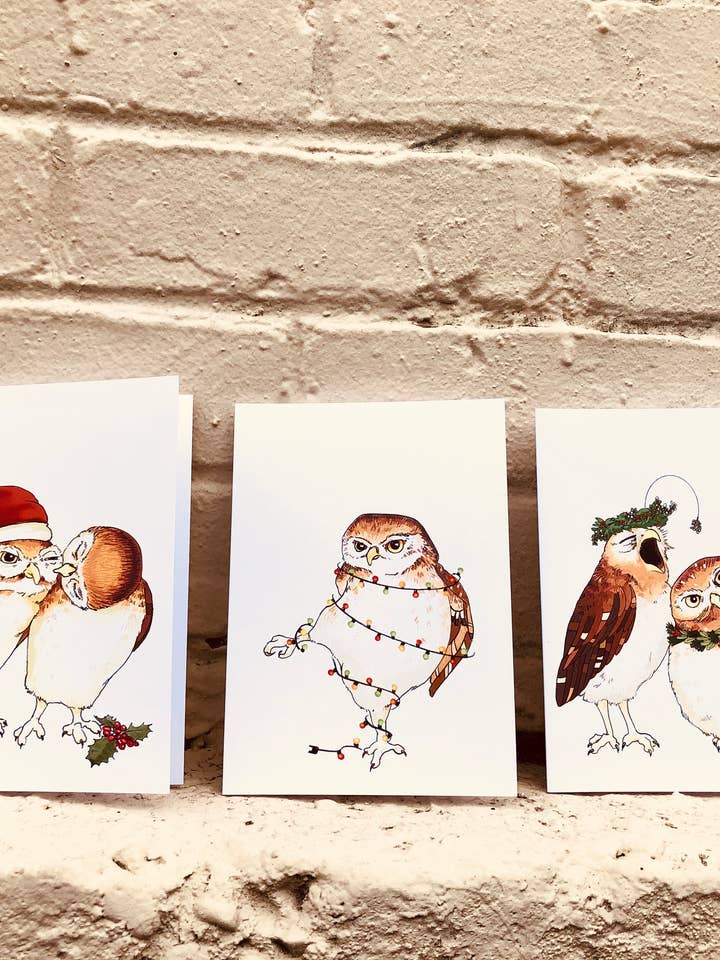 Christmas owl cards for wholesale by Underbrush Art
