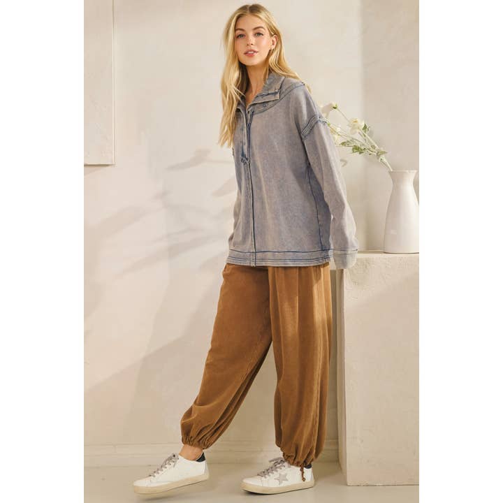 DENIM THE WASHED FRINGE HENLEY PULLOVER (ST8148) for wholesale on Faire6