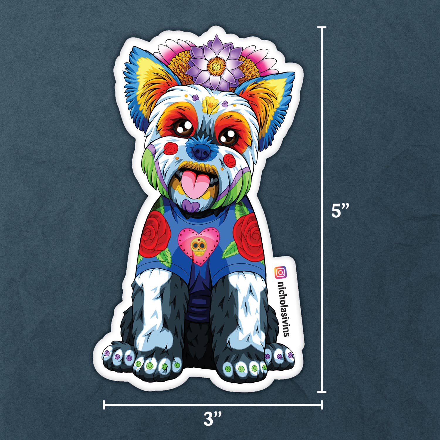 Nicholas Ivins Art & Illustration - Wholesale Sticker - Day of the Dead Dog Yorkshire Terrier Sticker - “Pica”1