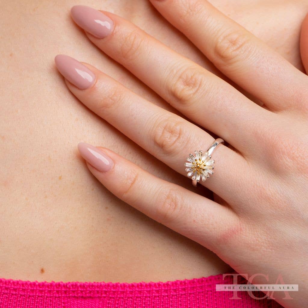 The Colourful Aura – wholesale Single stone/solitaire ring – Silver Sunflower Daisy Tiny Slim Adjustable Floral Stackable Ring1