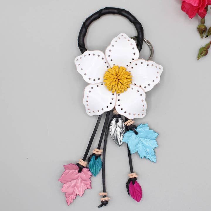 large leather flower keychain bag charm key purse for wholesale by Sunflower Handmade leather inc
