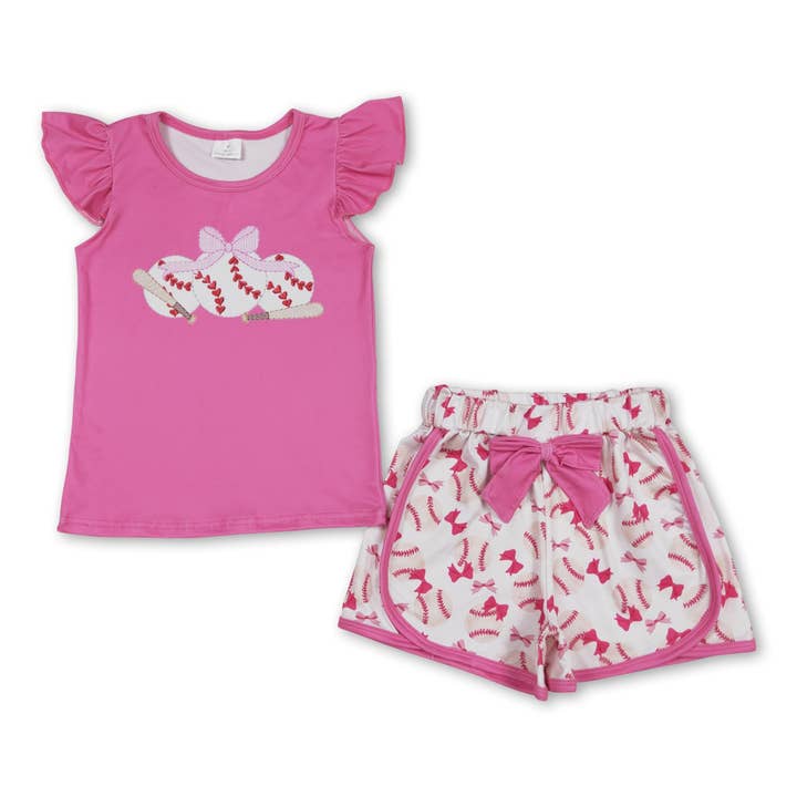 Pink flutter sleeves baseball bow top shorts girls clothes for wholesale by Yawoo Garments