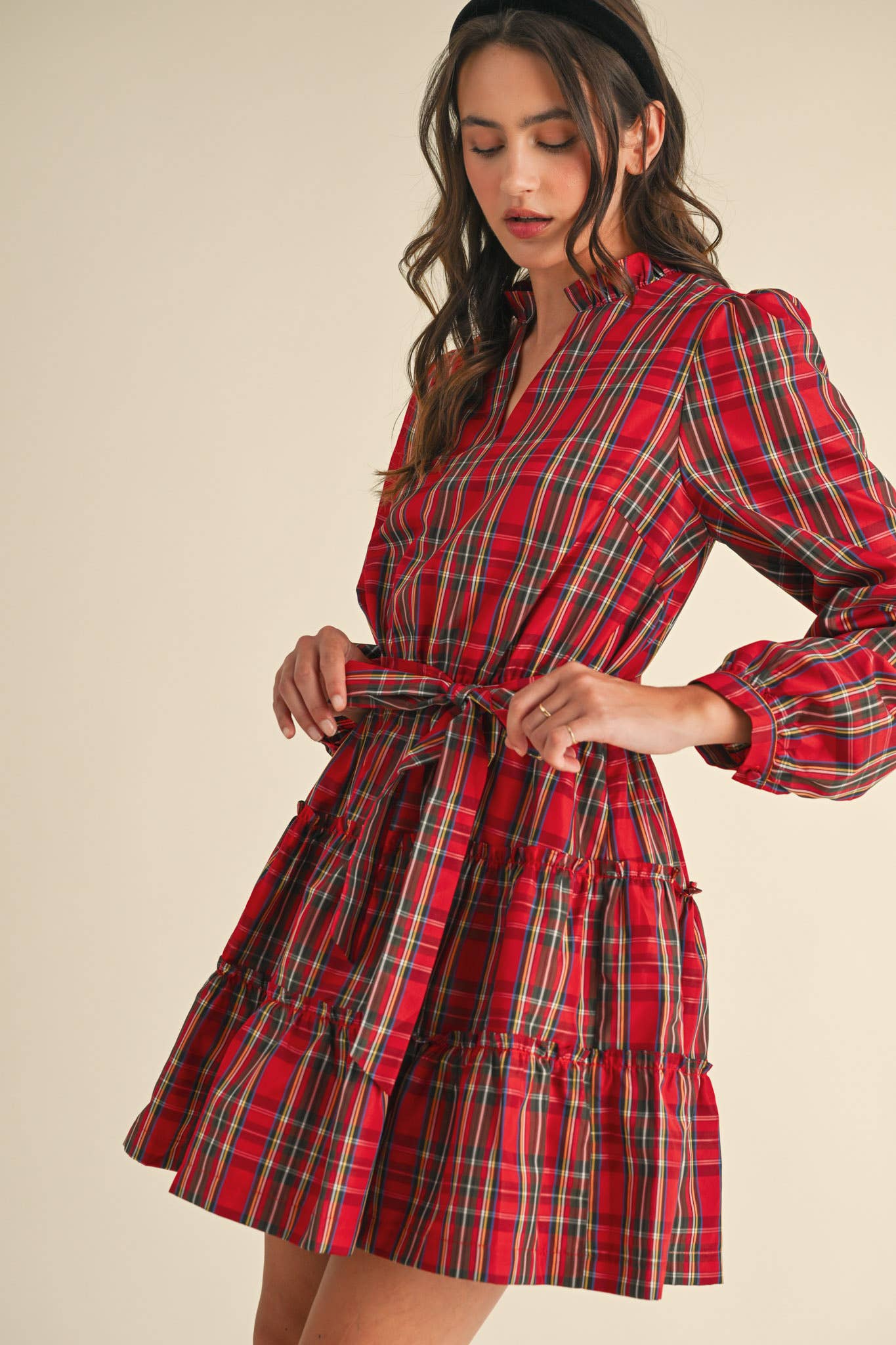 &MERCI - Wholesale Dress - Women's - PLAID MINI DRESS WITH TIERED RUFFLE TRIM MDR353824