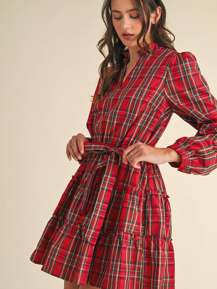 &MERCI - Wholesale Dress - Women's - PLAID MINI DRESS WITH TIERED RUFFLE TRIM MDR353824