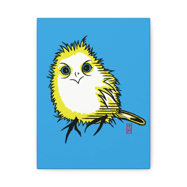 Impression sur toile, oiseau jaune fantaisiste par Terry Heath, art mural mat étiré pour les amoureux des oiseaux, art de style graphique, peinture contemporaine pour la vente par Terry Heath Art