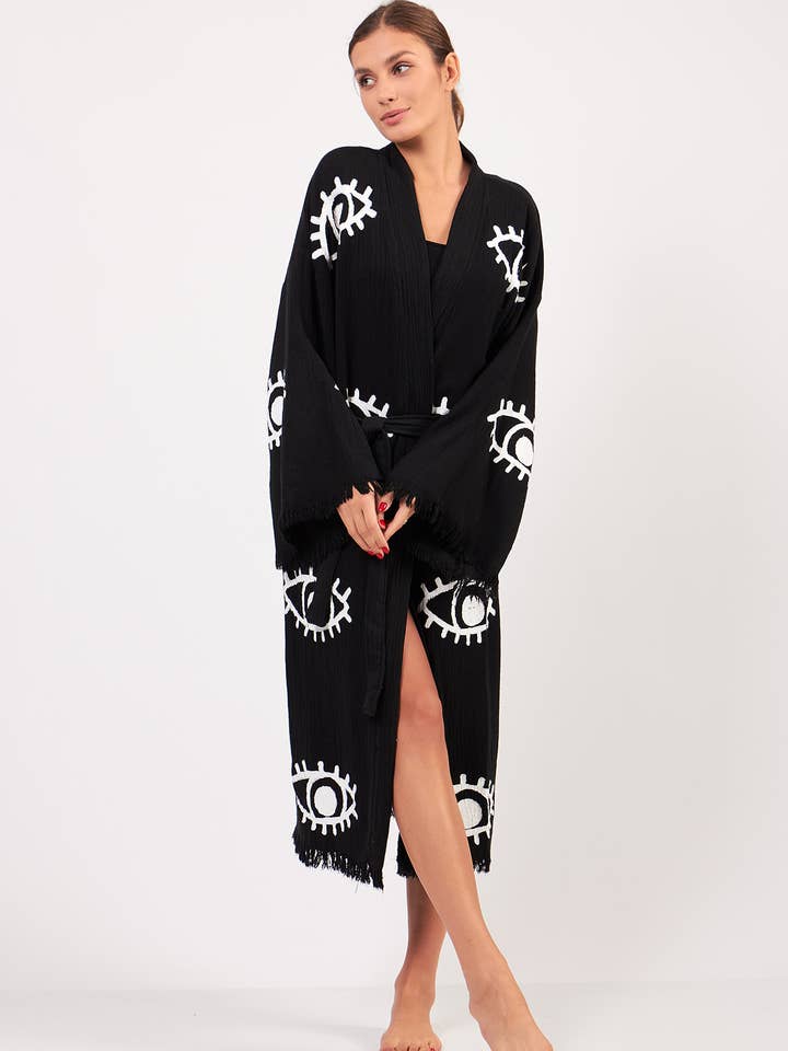 Kimono turco con estampado de ojos malvados en blanco y negro para festivales para venta al por mayor de Yaz Concepts