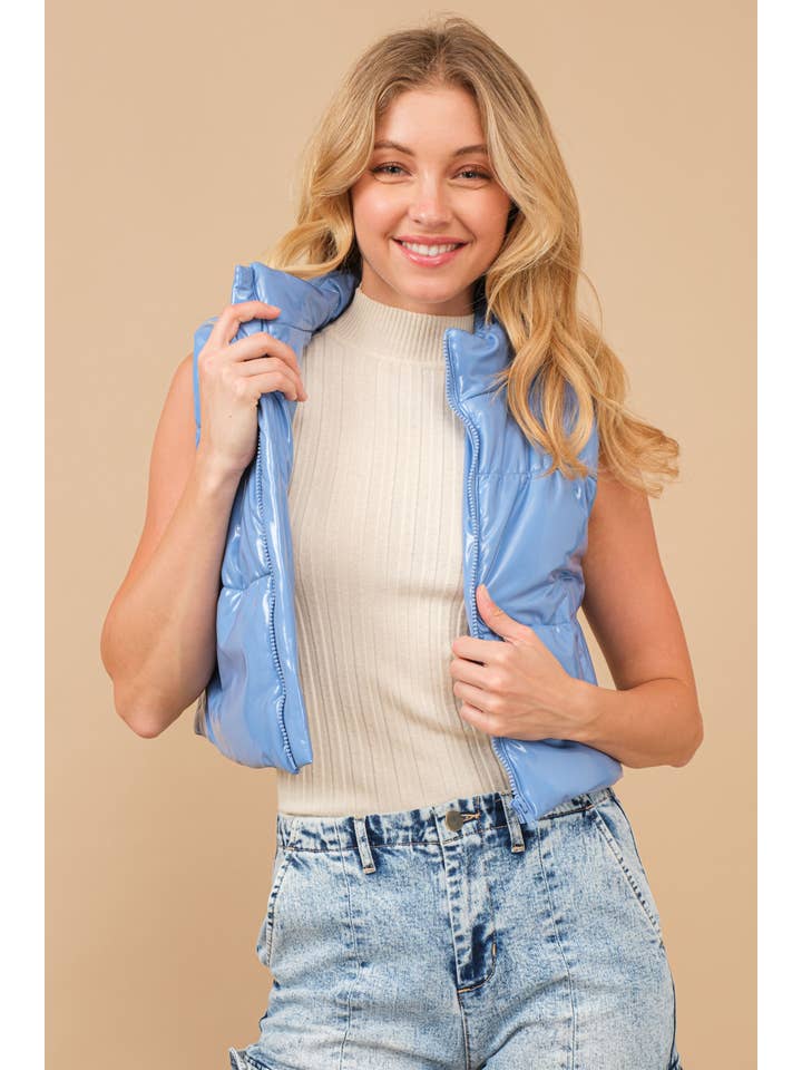 Blue B - Wholesale Outerwear Vest - Women's - 22656J - Gloss Shiny PU Quilted Puffer Zip Up Crop Vest57