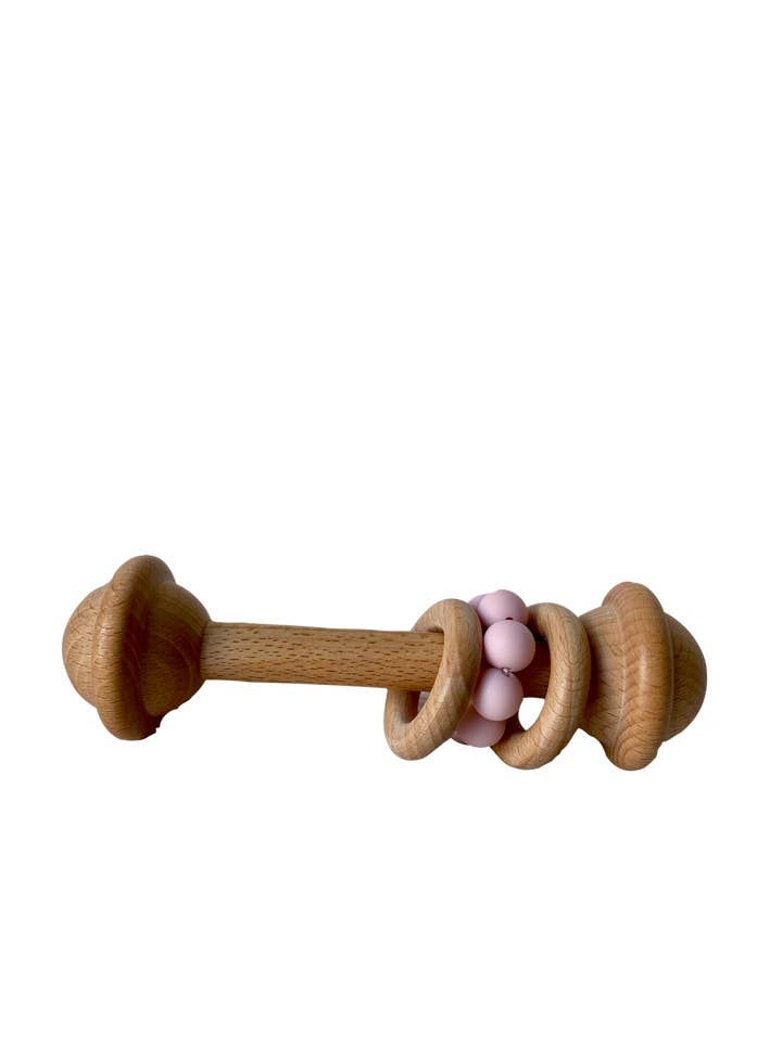 Large Wooden Two Ring Pink Silicone Rattle for wholesale by Made by Gabbee