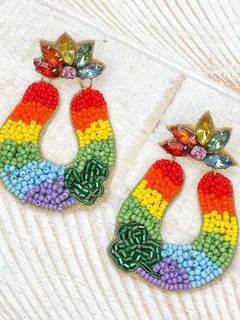 Lucky Rainbow Horseshoe Beaded Dangle Earrings for wholesale by Prep Obsessed Wholesale