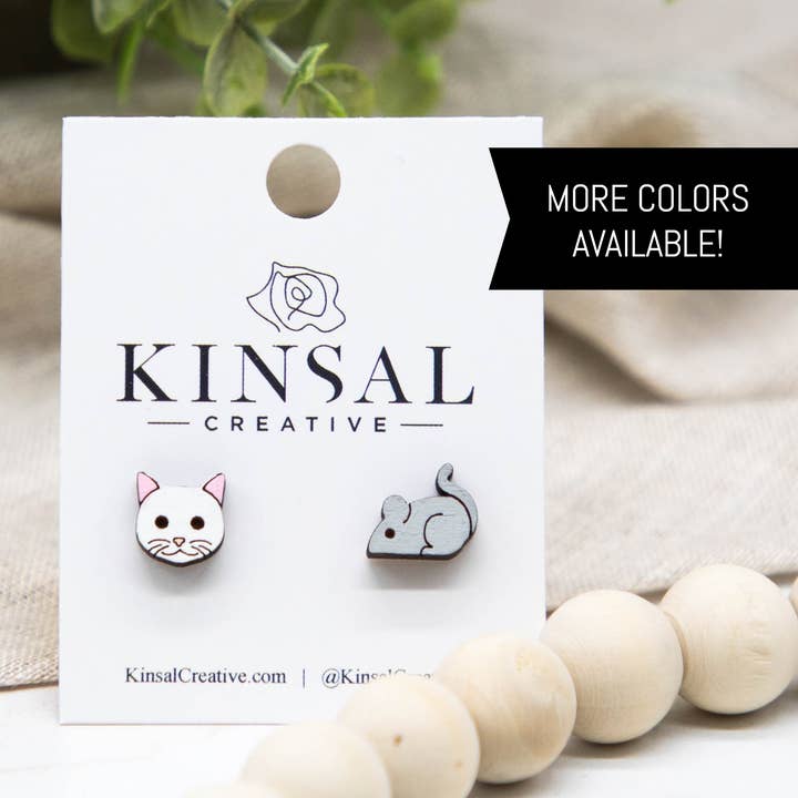 Katzen- und Maus-Ohrstecker aus Holz für den Großhandel von Kinsal Creative
