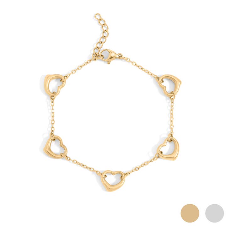 18K Gold PVD Stainless Steel Station Heart Bracelet for wholesale by WJW