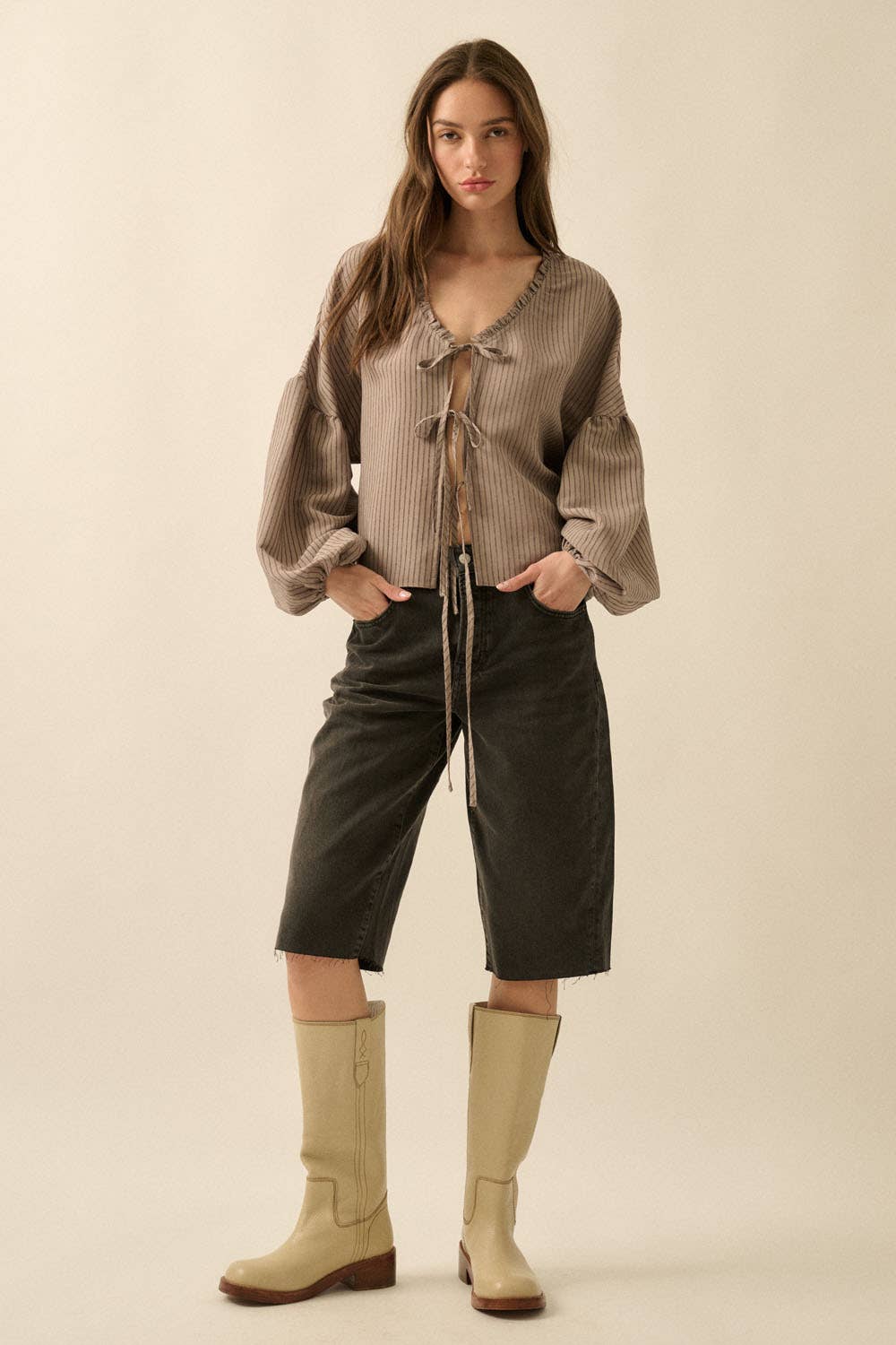 Promesa USA - Wholesale Blouse - Women's - Tonal-Stripe Tie-Front Balloon-Sleeve Top9