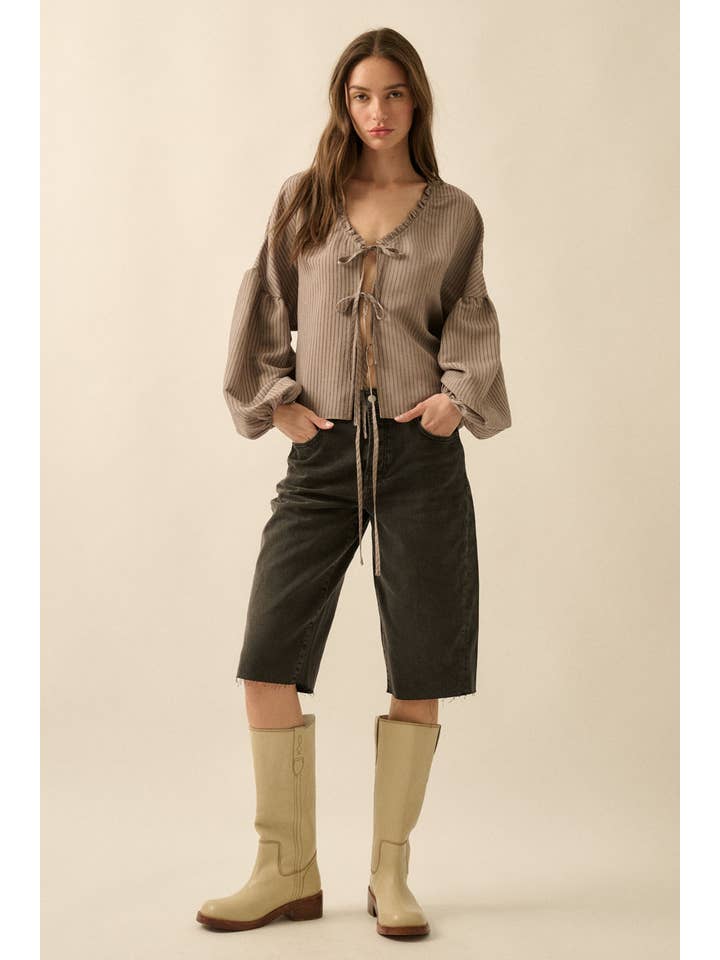 Promesa USA - Wholesale Blouse - Women's - Tonal-Stripe Tie-Front Balloon-Sleeve Top9