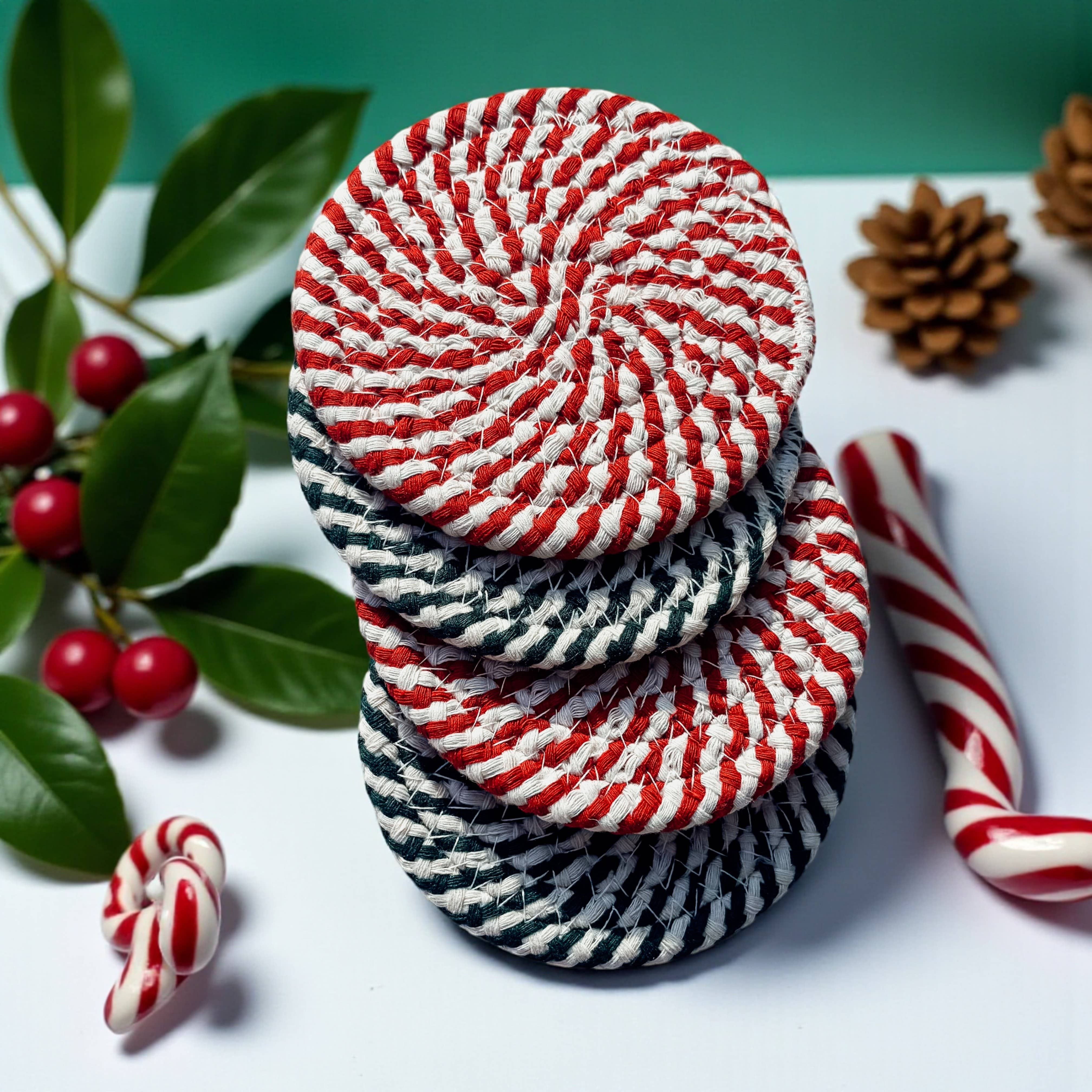 Gia Roma - Wholesale Coasters - Christmas Coasters, Red Candy Cane Braided Cotton Fabric Set44