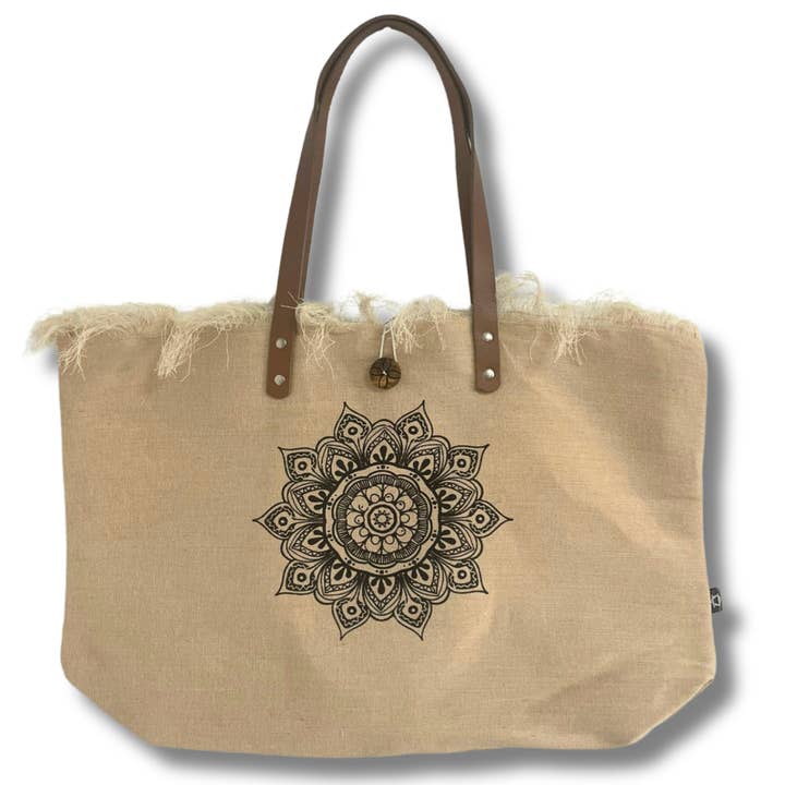 Natural Tote Bag Leather Handle - Flower of Life for wholesale by Ancient Wisdom