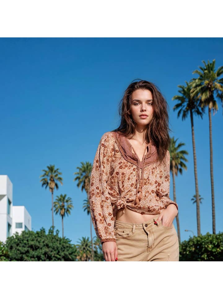 Charlotte Printed Blouse Camel for wholesale by Blue Boheme