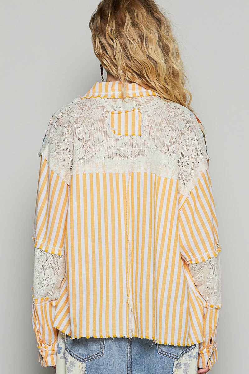 Pol Clothing - Wholesale Shirt Jacket/Shacket - Women's - Balloon sleeve printed woven mixed denim shacket SALE12