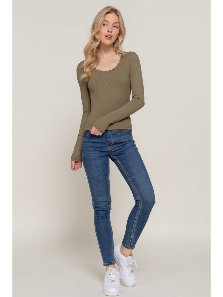 Active Basic | Active USA - Wholesale Knit Top - Women's - Long Sleeve Scoop Neck with Lace Trim Rib Knit Top