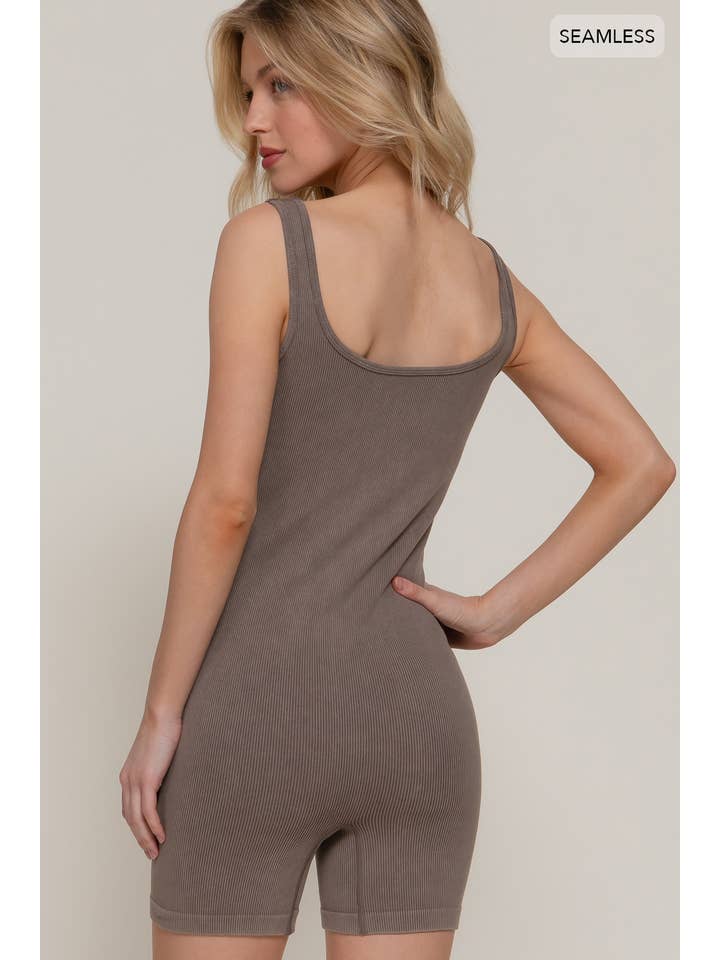 Active Basic | Active USA - Wholesale Romper - Women's - Sleeveless Double Scoop Neck Stone Wash Seamless Romper1