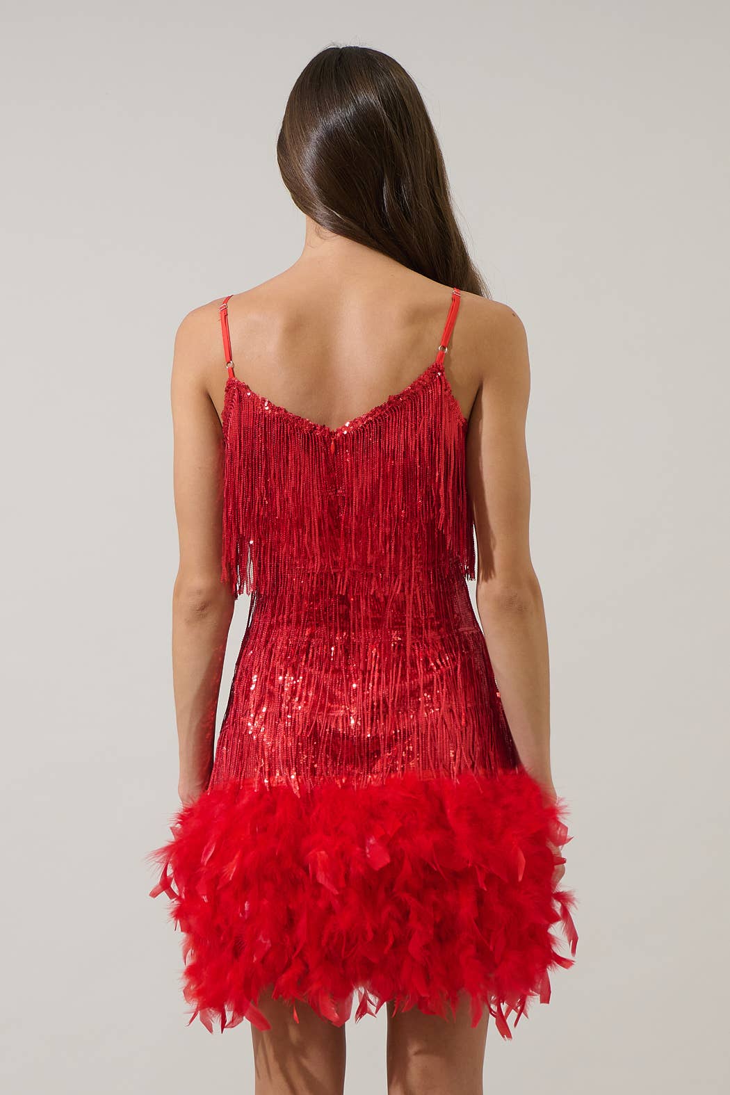 Red Camry Sequin Fringe Feather Mini Dress for wholesale on Faire2