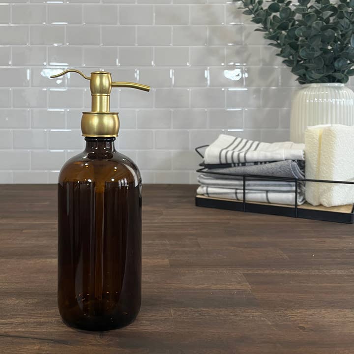 The Bottle Shoppe - Wholesale Soap Dispenser - 16oz Amber Glass Soap Dispenser bottle w/ metal pumps.