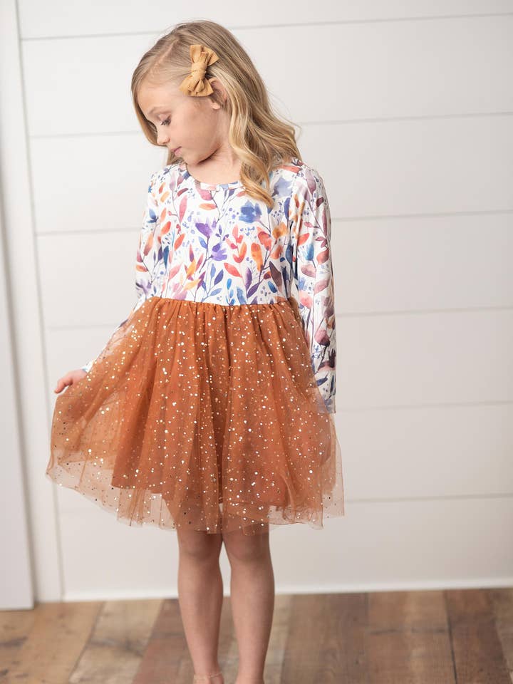 Adorable Sweetness - Wholesale Dress - Kids - Kids Autumn Fall Floral Print Tulle Sparkle Dress0